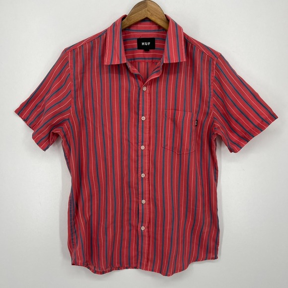 HUF Other - Huf Short Sleeve Button Shirt Men's Size S Red Striped Pocket Logo Cotton Blend